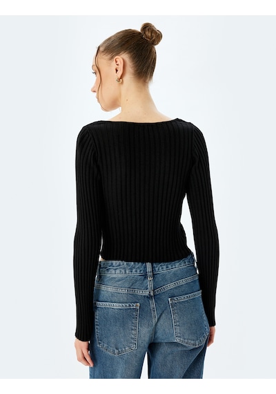 Koton Fiyonklu V Yaka Slim Fit Crop Triko Hırka Siyah 5sal90020ht Siyah