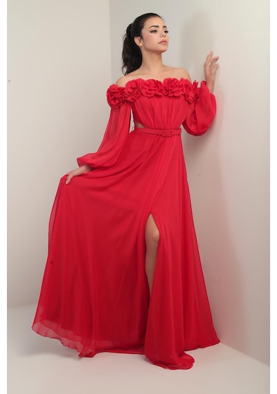 By Saygı Kadın Çiçekli Madonna Yaka Kemerli Astarlı Şifon Uzun Elbise-41156 Kırmızı