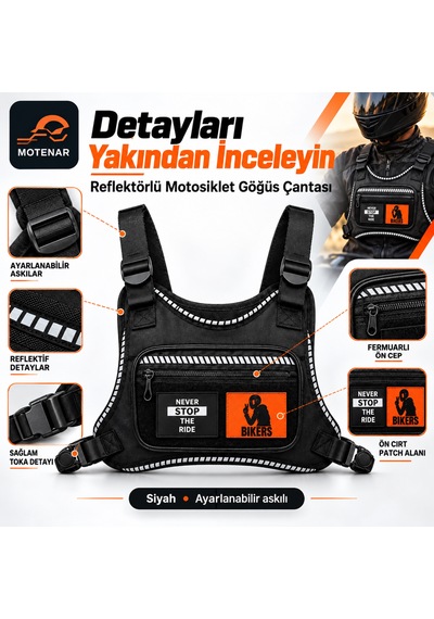 Motenar Reflektörlü Motosiklet Göğüs Çantası Askılı Siyah