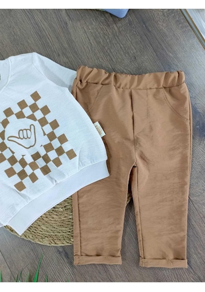 Bebicix Dama Desenli Özgün Alt Üst İkili Takım Kahverengi