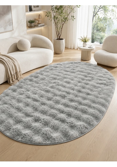 Oval Bubble Ultra Soft Puffy Kaymaz Taban Peluş Tavşan Tüyü Halı Gri
