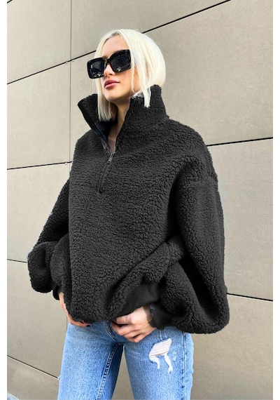 Siyah Peluş Fermuar Yaka Sweatshirt Mg1413 Siyah