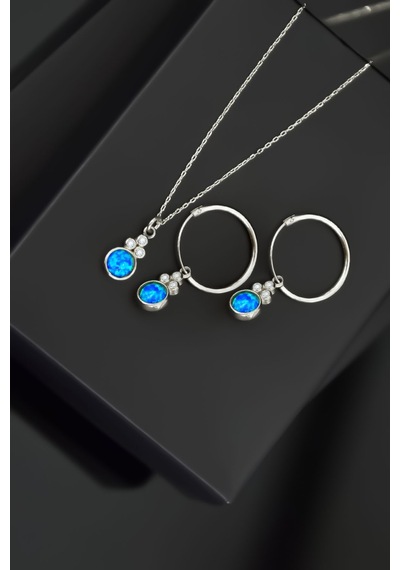 Papatya Silver 925 Ayar Gümüş Rodyum Kaplama Mavi Opal Yuvarlak Kolye ve Çift Halka Küpe