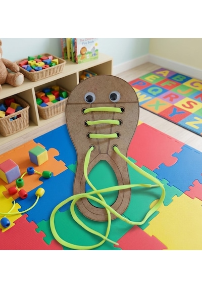 Nar Atölye Ahşap Ayakkabı Bağlama Tahtası - Eğitici Oyuncak - Montessori Beceri Geliştirme Materyali
