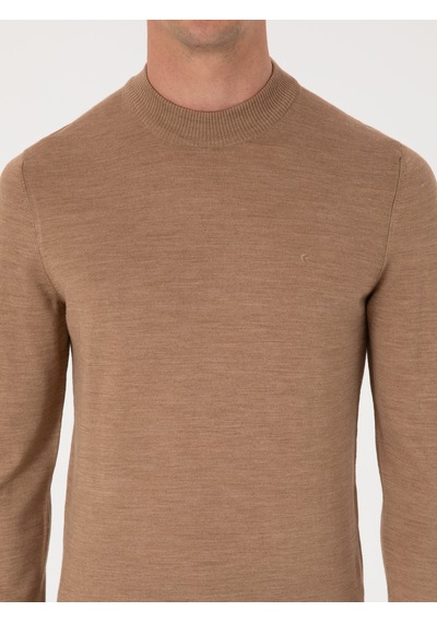 Cacharel Camel Slim Fit Yün Karışımlı Çeyrek Balıkçı Yaka Basic Triko Kazak Kahverengi
