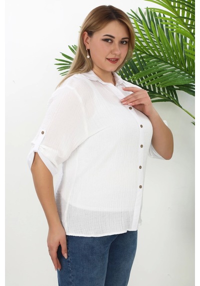 Lady Majestic %100 Cotton Büyük Beden Kadın Müslin Kumaş Gömlek Beyaz