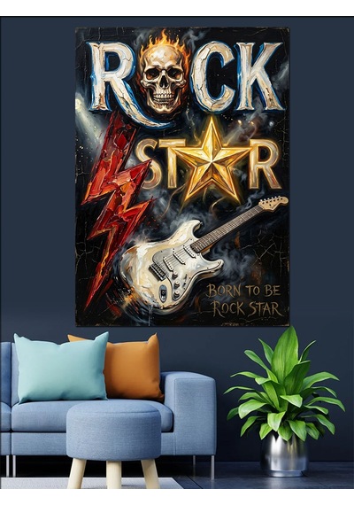 Rock Star Yazılı İskelet Ve Gitar Dekoratif Kanvas - Mdf Ahşap Tablo