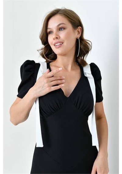 Dip Moda Kadın V Yaka Abiye Elbise Dpnbs9358 Siyah