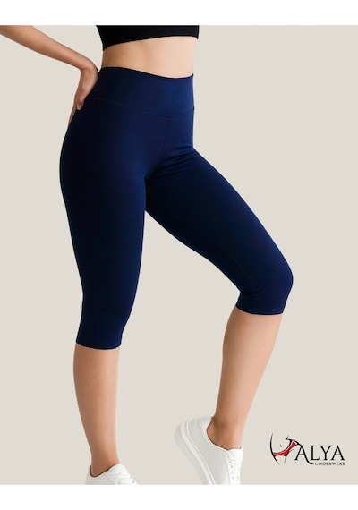 Alya Underwear Diz Altı Kapri Tayt Yüksek Bel Likralı Parlak Dalgıç Kumaş, Antrasit Füme Lacivert