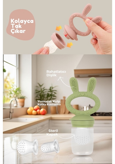 Kiwi Passy Püre Emzik ve Diş Kaşıyıcı Bebek Meyve Süzgeci+Buz Kalıbı - Bej