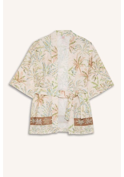 Defacto Regular Fıt Desenli Kuşaklı Kimono D0453ax26sper103 Ekru-er103