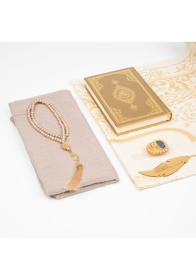 Kuran + Seccade + Tesbih + Zikirmatik + Ayraç Hediye Seti Çanta Boy, Gold