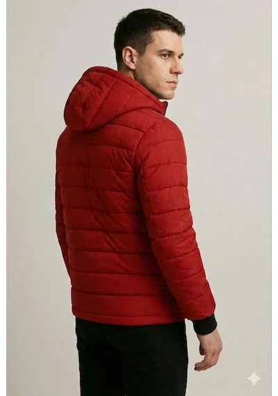 Defymoda Erkek Şişme Kapüşonlu Fermuarlı Mont Su Itici Kapitone Astarlı Kumaş Cepli Kışlık Rahat Kalıp - Kırm Kırmızı