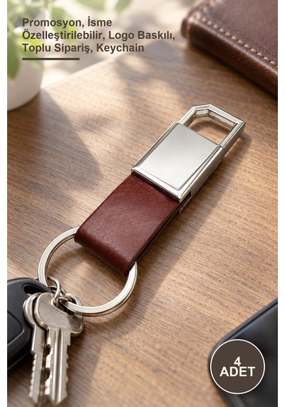 4 Adet Deri Metal Anahtarlık Promosyon, İsme Özelleştirilebilir, Logo Baskılı, Toplu Sipariş, Keychain