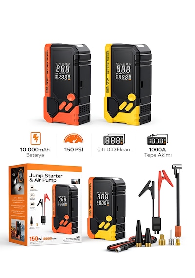 10000mah Akü Takviyeli Hava Pompası Kompresör Powerbank 150 Psı Led Fener Akıllı Basınç Siyah - Abs+