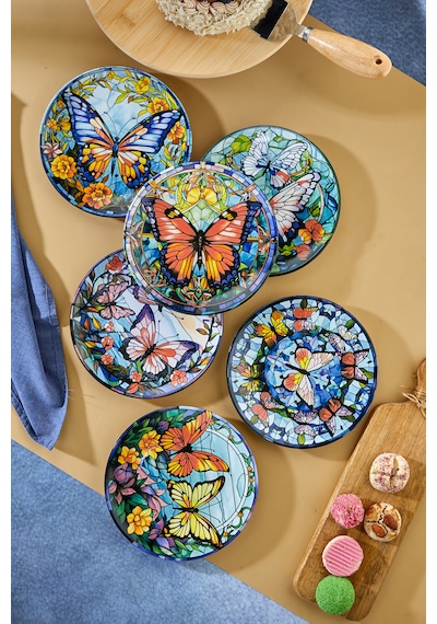 Lüks Kelebek Desenli 6'lı Pasta Ve Tatlı Tabağı 20 Cm - Sunumluk Pasta Ve Tatlı Tabakları Çok Renkli