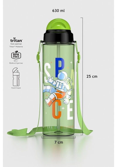 Renga Migo Desenli 630 Ml Askılı Pipetli Tritan Çocuk Matara 912143 Yeşil Yeşil