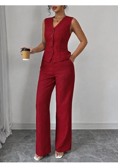 Veraura Lifestyle Kadın Askılı Önden Düğmeli Bluz Ve Pantolon Keten Ikili Takım Kırmızı
