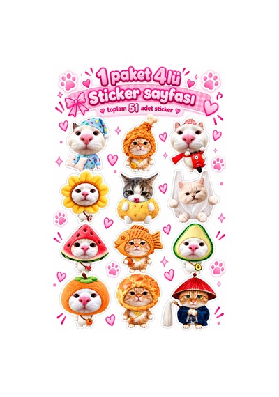 Kedi Temalı Sticker Seti 4 Lü A5 Sayfa Toplam 51 Adet Sevimli Sticker Seti Çok Renkli