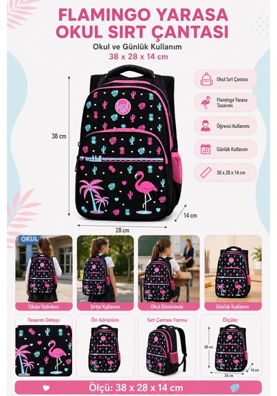Okul Sırt Çantası Flamingo Yarasa Süngerli Sırt Destekli Öğrenci Günlük Çanta 38x28x14 Cm Çok Renkli