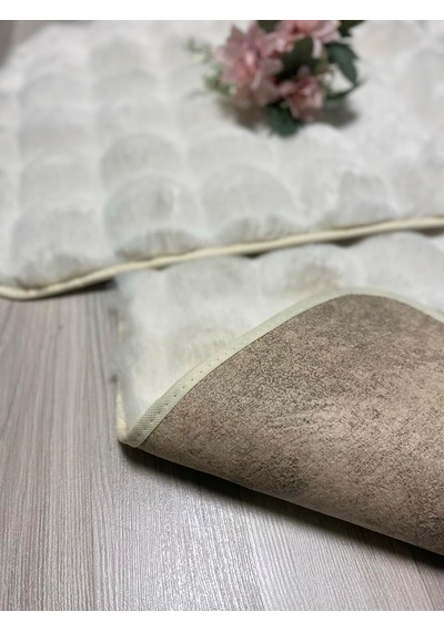 Bubble Tavşan Tüyü, Kaymaz Taban, Pofuduk, Ultra Lüks, Yıkanabilir 2'li Banyo Paspası Ekru Çok Renkli