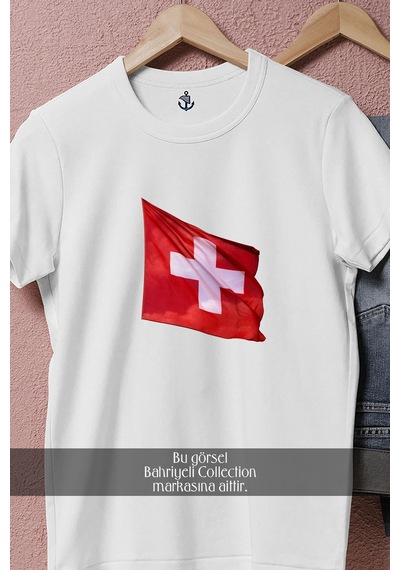 Bahriyeli Collection Oversize İsviçre Bayrağı Tasarımlı Unisex T-shirt Beyaz