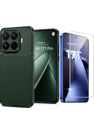 Xiaomi Mi 17t Pro İle Uyumlu Karbon Tasarım Silikon Telefon Kılıfı Ve Temperli Cam Ekran Koruyucu Koyu Yeşil