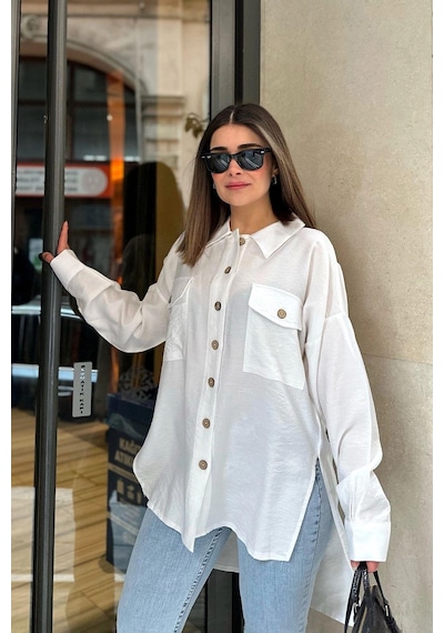 WeShaya Kadın Beyaz Balon Kol, Pileli, Yırtmaçlı, Oversize, Keten Tunik Gömlek Beyaz