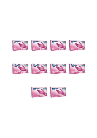 Dolphin Tek Kullanımlık Pembe Nitril Eldiven - Muayne Eldiveni Large Büyük Boy - 100'lü 10 Paket