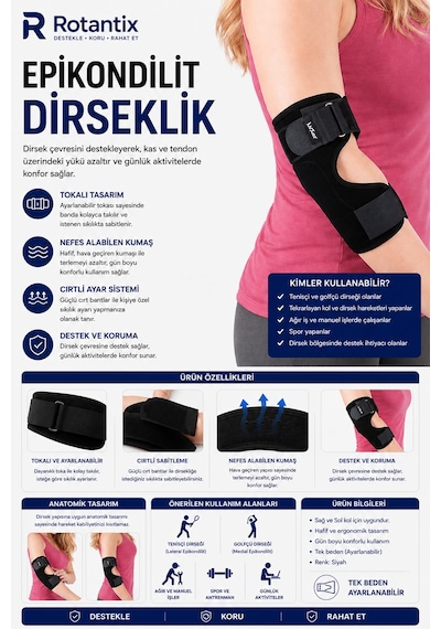 Rotantix Epikondilit Dirseklik Tenisçi Dirseği Bandı / Epikondilit Bandajı - Ayarlanabilir Siyah