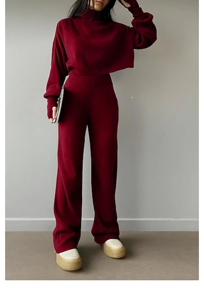 De Pose Bordo Parmak Geçmeli Crop Yüksek Bel Triko Takım Bordo