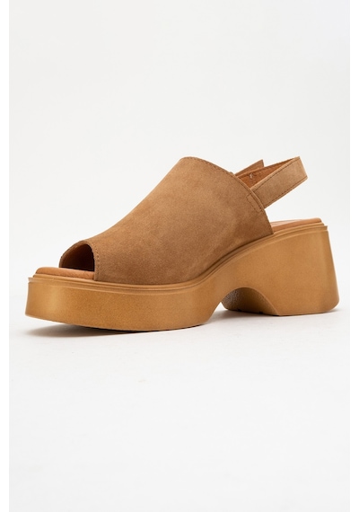 Luvishoes Power Taba Süet Hakiki Deri Kadın Dolgu Topuklu Sandalet Taba Süet