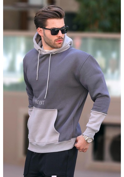 Madmext Füme Kapüşonlu Baskılı Cep Detaylı Erkek Sweatshirt 7083 Füme