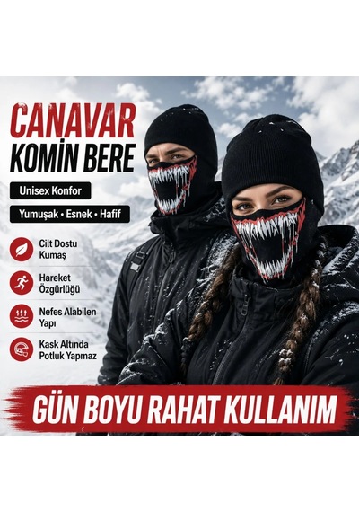 Womanandkids Wak Unisex Canavar Diş Baskılı Balaklava 1 Adet Tek Beden Viskoz Kask İçi Motosiklet Maskesi Siyah