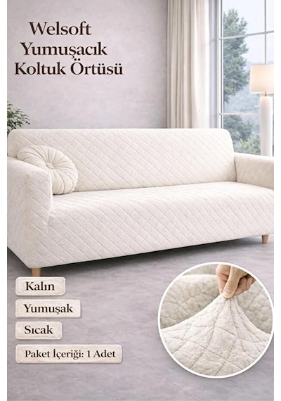 Peluş Lastikli Koltuk Örtüsü 3 Kişilik Yıkanabilir Esnek Koltuk Kılıfı Krem 180 X 230 Diğer