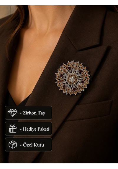 Hediye Kristal Taşlı Osmanlı Motifli Zarafet Kadın Broşu Özel Tasarım Vintage Yaka İğnesi Açık Gri