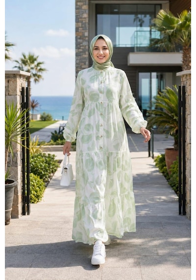 Hb Harma Time Butik Kadın Düğmeli Desenli Modal Kumaş Haki Elbise Haki Haki