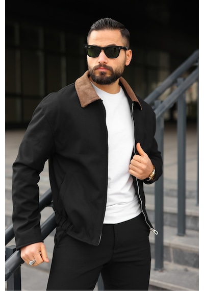 Kadife Yakalı Trucker Model Ceket Siyah