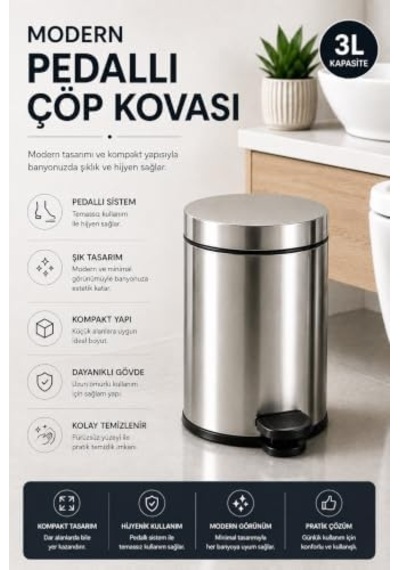 Krom Pedallı Çöp Kovası 3 Lt Eko
