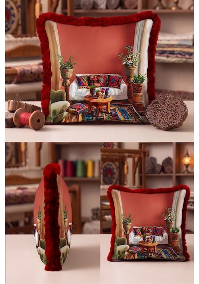 Etnik Otantik Şark Köşesi Saçaklı Yastık Kılıfı - Kiremit Bordo Püsküllü Kırlent Kılıfı - 40x40 Cm Uzak Düş Halo