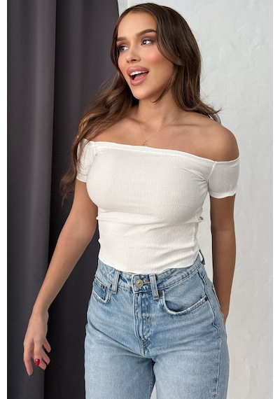 Lesa Wear Soft Touch Kayıkçı Yaka Dekolteli Basic Crop Bluz Beyaz