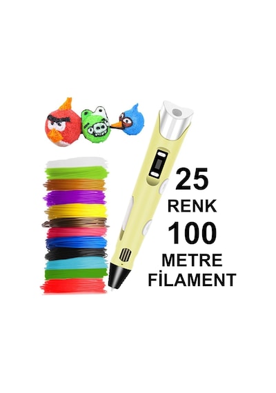 Sari 3D Kalem Yazıcı+25 Renk 100 Metre (25X4Metre) Pla Filament