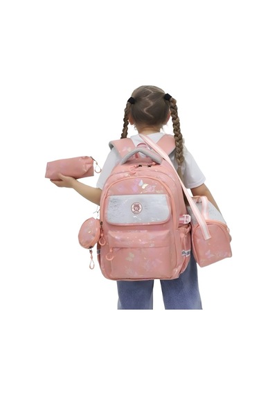 3 Lü Kız Çocuk Okul Çantası Sırt Çantası, Beslenme Çantası, Kalemlik Pembe
