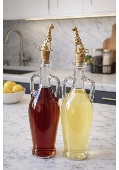2'li Amfora Model Çita Mantar Tıpalı Cam Yağ Şişesi - 750ml. Şeffaf Sirke Limon Suyu Şişesi - Çita Figür Şeffaf
