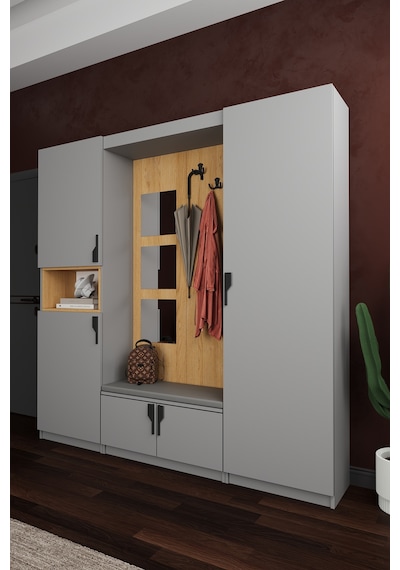 Lüks Aynalı Portmanto Askılı Vestiyer %100 Mdf Çok Raflı Ayakkabılık V05 Kül Gri - Karina Lüks Aynalı Portmanto Askılı Vestiyer %100 Mdf Çok Raflı Ayakkabılık V05 Kül Gri - Karina