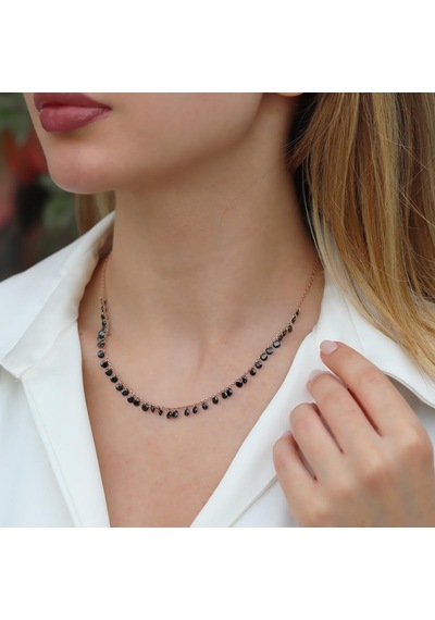 Sıra Siyah Zirkon Taş Rose Gold Kaplama Gümüş Kolye Gümüş