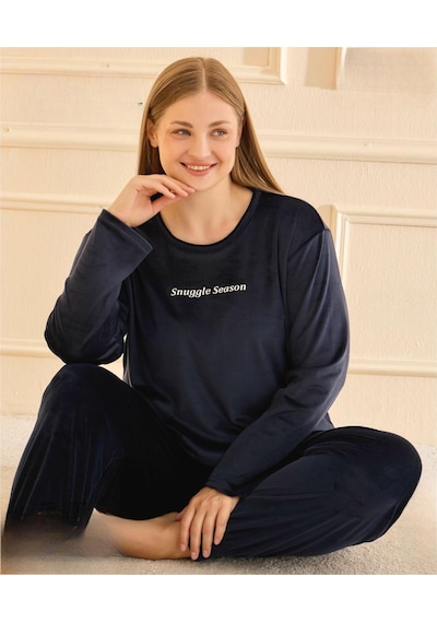 Mihra Kadın Kışlık Bisiklet Yaka Kadife Battal Pijama Takımı 13212l - 1 Adet Lacivert