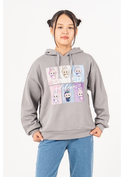 Kız Çocuk Labubu Baskılı 3 İplik Kışlık Şardonsuz Sweatshirt 4540 Gri