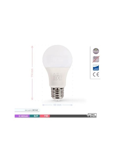 Led Ampül Beyaz 9w 6500k E27 A60 880 Lumen Diğer
