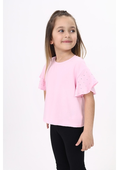 Toontoy Kids Kız Çocuk Baskılı Bisiklet Yaka Kolu Volanlı Tişört Açık Pembe